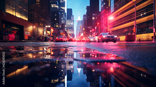 the streets of big cities with skyscrapers  neon lights reflecting in puddles.