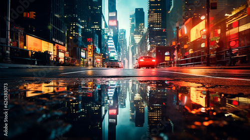 the streets of big cities with skyscrapers, neon lights reflecting in puddles.