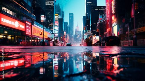 the streets of big cities with skyscrapers, neon lights reflecting in puddles. #626383092