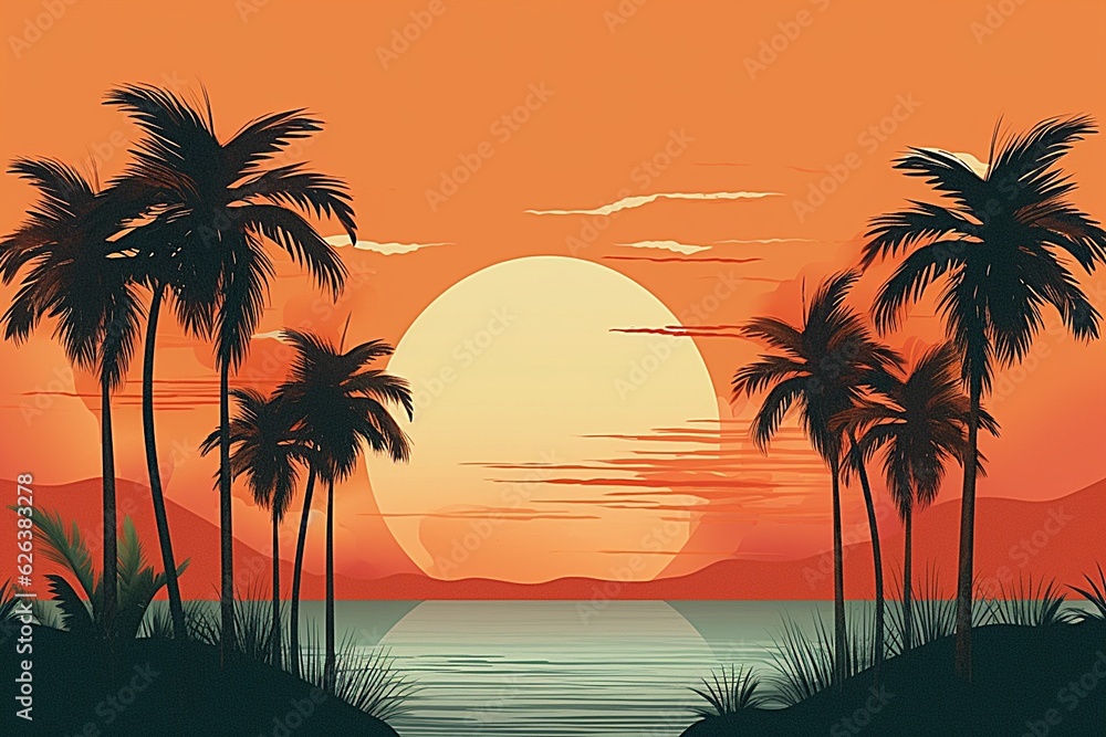 A poster for hello summer with palm trees and a beach flat vector art illustration.