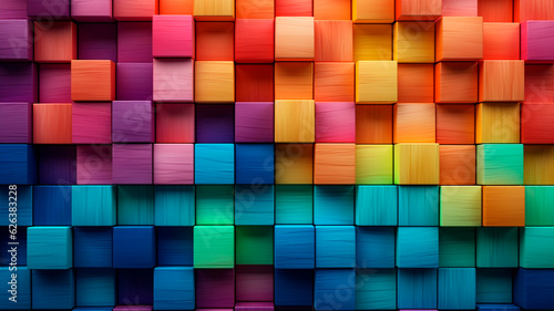 A collection of multi-colored wooden blocks stacked together, forming a spectrum. This composition serves as a backdrop or cover for creative, diverse, expanding, rising, or growing concepts. The shal