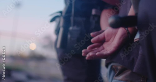 Man Is Put In Hand Cuffs, Arrest By Two Police Officers, Cops, Under Arrest. Hands Behind Back, Walking, Perp Walk