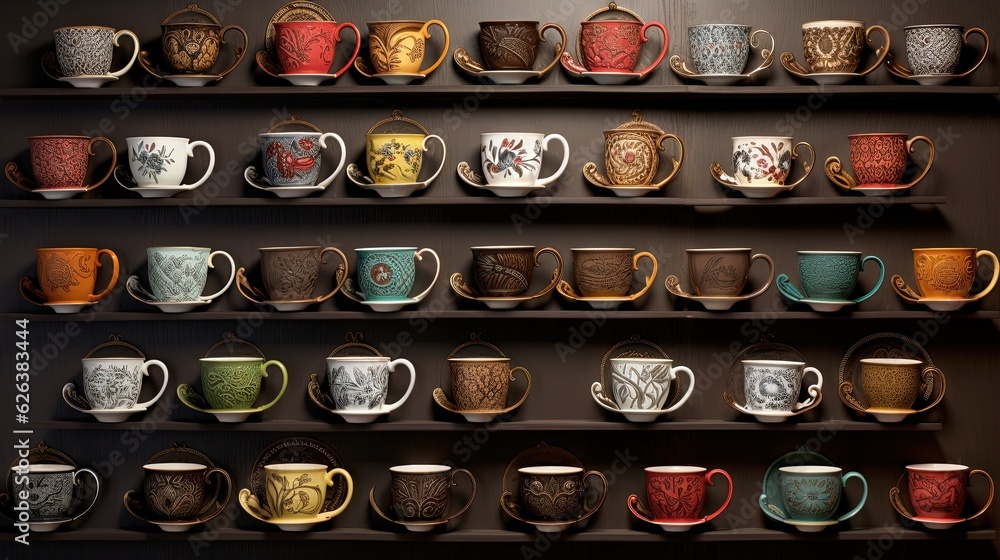 a wall full of coffee cups sitting on top of a shelf. generative ai a wall full of coffee cups sitting on top of a shelf. generative ai