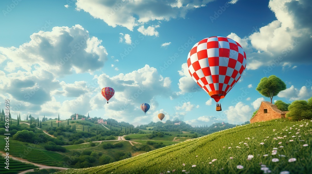 Naklejka premium a group of hot air balloons flying over a lush green hillside. generative ai