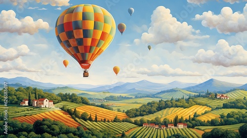  a painting of a hot air balloon flying over a countryside. generative ai