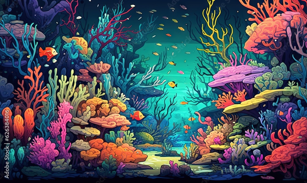  an underwater scene with corals and other marine life, including corals and algaes.  generative ai