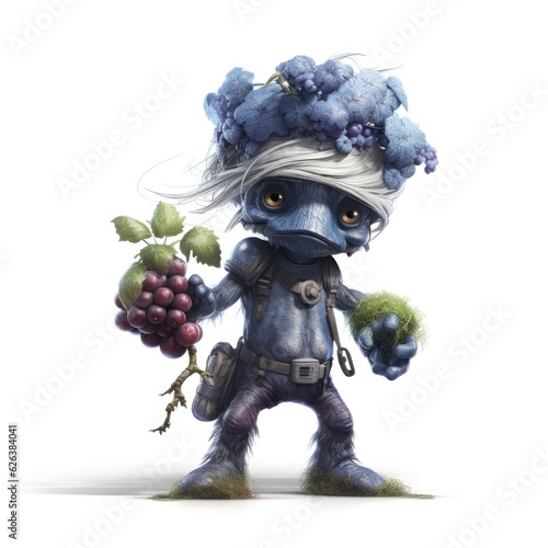 Funny blue monster with a bunch of grapes on a white background