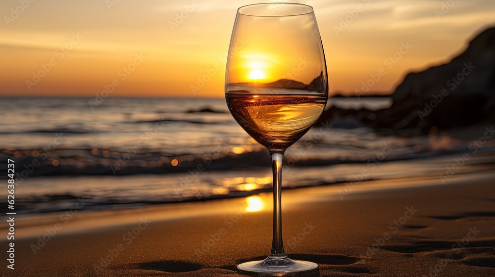  a glass of wine sitting on top of a sandy beach.  generative ai