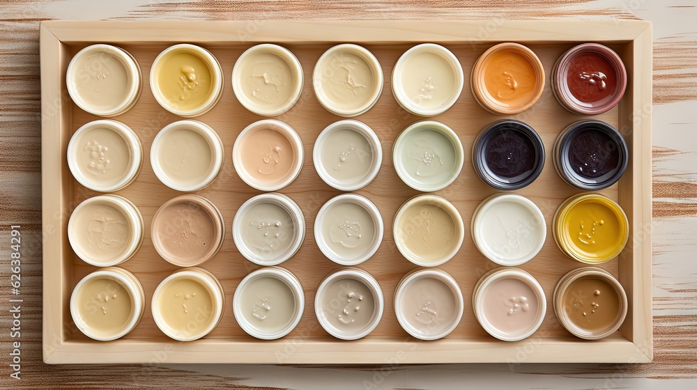  a wooden tray filled with lots of different colored paint samples.  generative ai