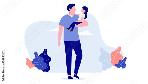 Father and daughter vector - Illustration of dad carrying little girl in arm. Parenting concept, flat design with white background