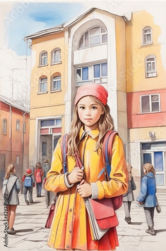 Back to school: Happy Caucasian girl, backpack, first day   Generative AI © a4mbs