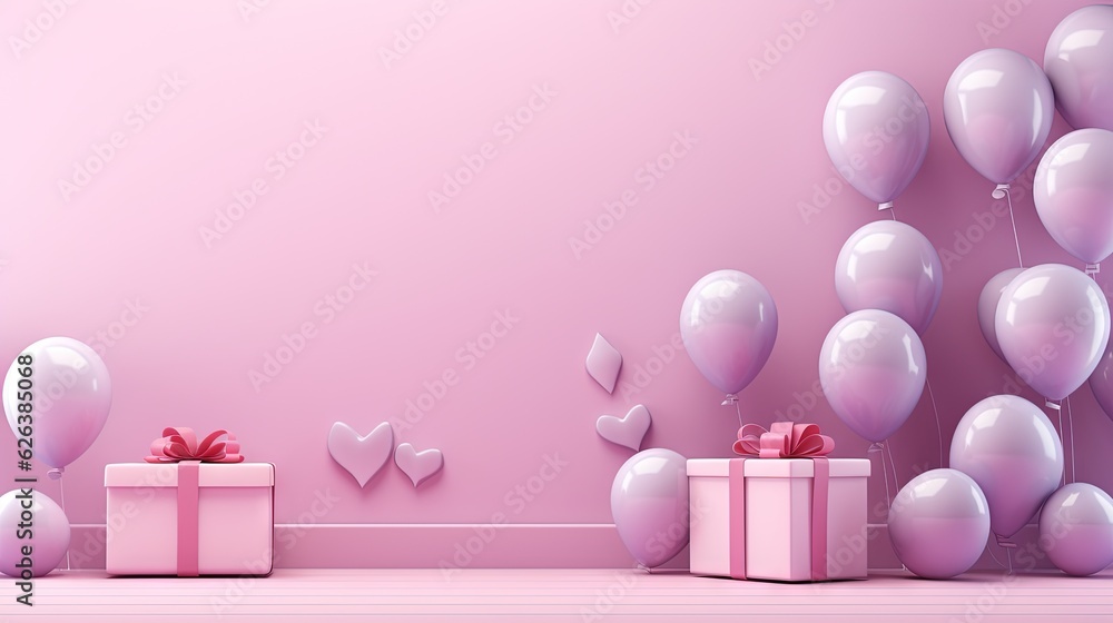 a pink room with balloons and presents on the floor and a pink wall. generative ai a pink room with balloons and presents on the floor and a pink wall. generative ai