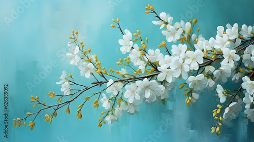  a painting of a branch with white flowers on a blue background.  generative ai