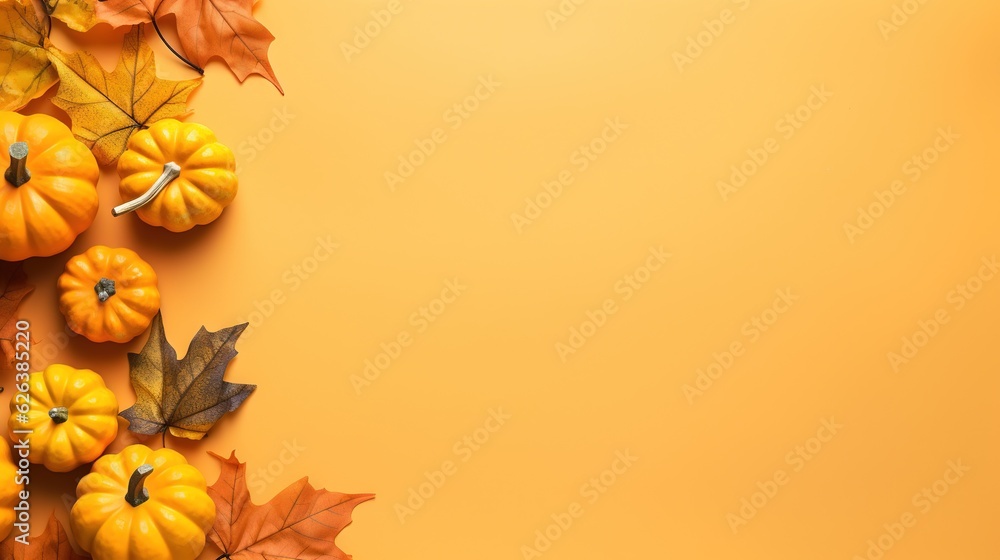a group of pumpkins and leaves on a yellow background. generative ai a group of pumpkins and leaves on a yellow background. generative ai