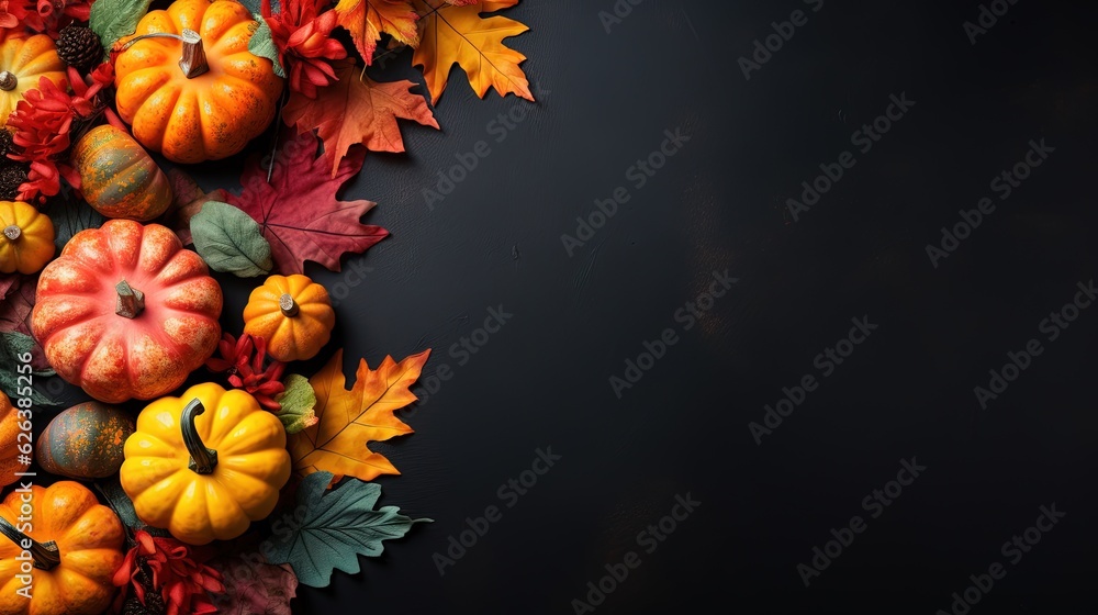 a group of pumpkins and leaves on a black background. generative ai a group of pumpkins and leaves on a black background. generative ai
