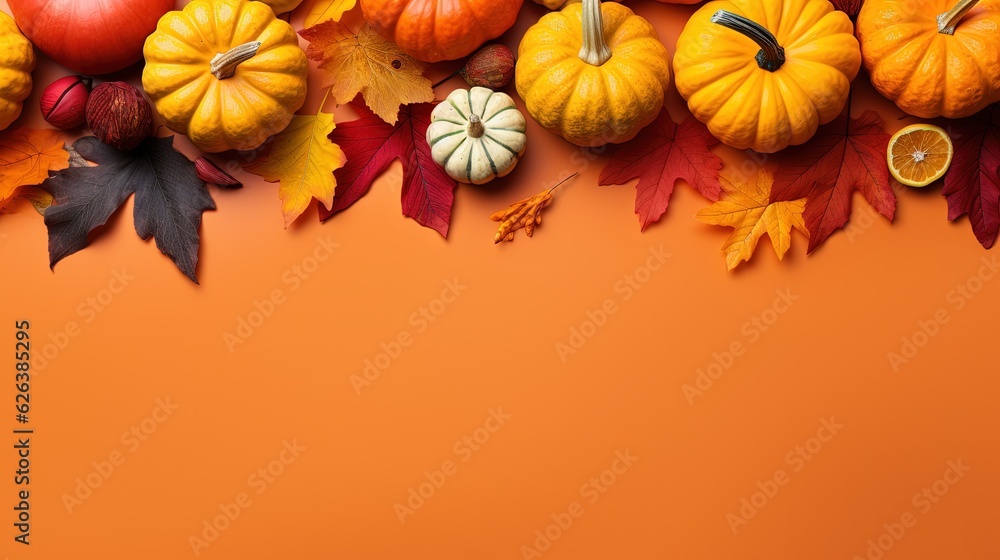 a group of pumpkins and leaves on an orange background. generative ai a group of pumpkins and leaves on an orange background. generative ai