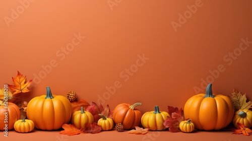  a row of pumpkins and leaves on a orange background. generative ai