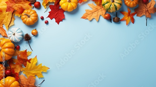  a blue background with autumn leaves and acorns on it.  generative ai