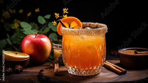  a glass filled with a drink next to an apple and cinnamon. generative ai