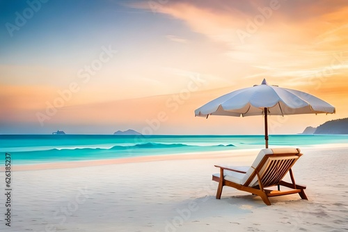 Beach chairs with umbrella and beautiful sand beach  tropical beach with white sand and turquoise water. Travel summer holiday background concept