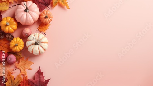  a pink background with fall leaves and pumpkins on it.  generative ai