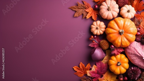  a purple background with pumpkins  gourds  and leaves.  generative ai