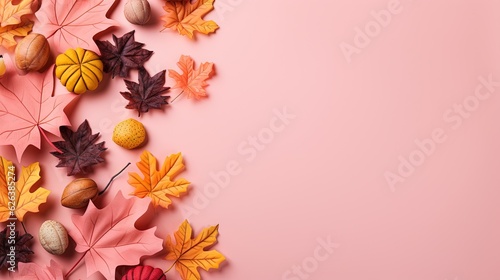  a pink background with autumn leaves and acorns on it. generative ai