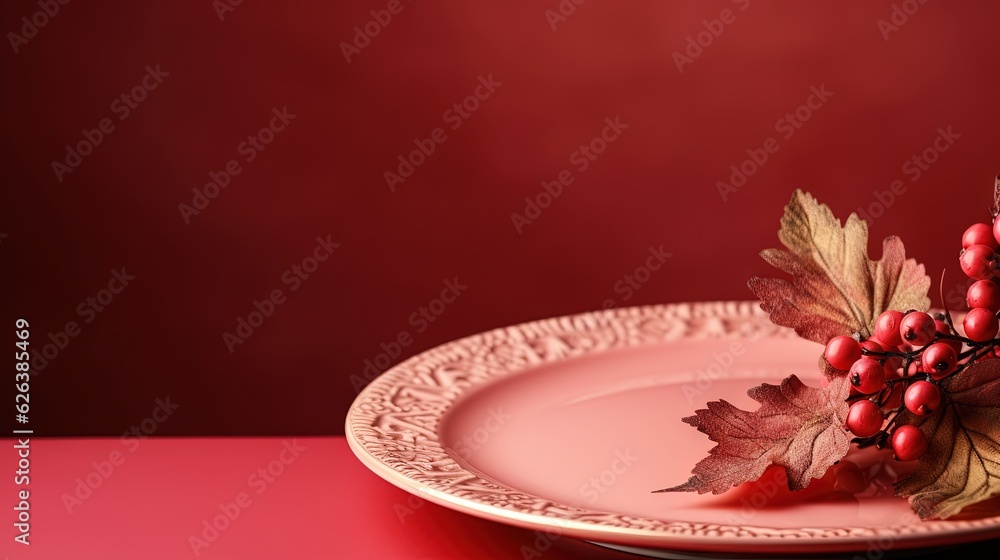 a red plate with some red berries and leaves on it. generative ai a red plate with some red berries and leaves on it. generative ai