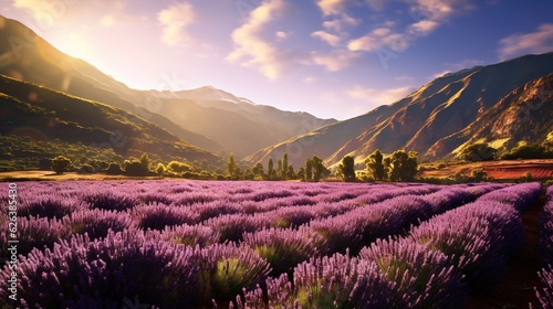  a field of lavender flowers with a mountain in the background. generative ai