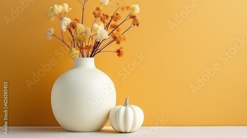 a white vase filled with flowers next to a white pumpkin.  generative ai