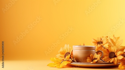  a coffee cup and saucer with sunflowers on a plate.  generative ai