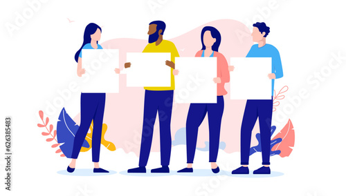 People holding blank posters - Vector characters with white empty sign in hands, flat design vector illustration with white background