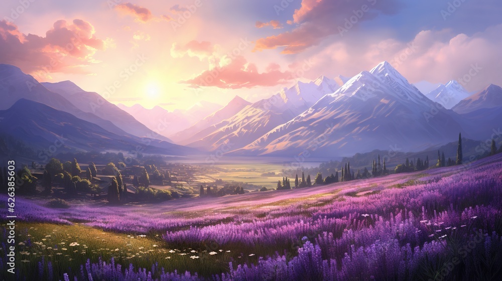  a painting of a beautiful mountain scene with lavender flowers in the foreground.  generative ai