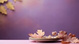  a plate with a leaf on it sitting on a table.  generative ai