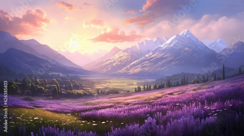  a painting of a beautiful mountain scene with lavender flowers in the foreground. generative ai