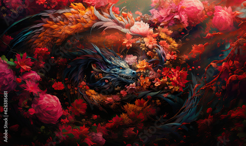 Fantasy floral dragon on a colorful floral background.