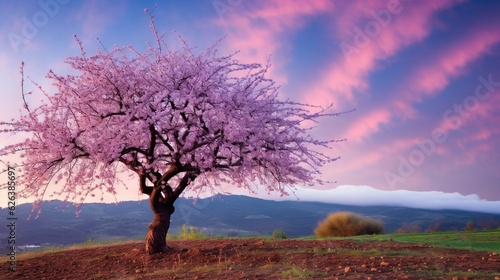  a pink tree in a field with mountains in the background.  generative ai