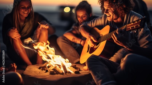 Group of Young People Having Fun Sitting Near Bonfire on a Beach at Night, Playing Guitar Singing Songs. Friends sitting near the fire. Best friendship people having fun together. Made With Generative