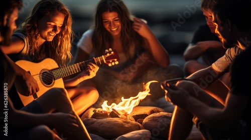 Group of Young People Having Fun Sitting Near Bonfire on a Beach at Night, Playing Guitar Singing Songs. Friends sitting near the fire. Best friendship people having fun together. Made With Generative