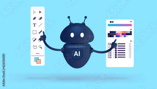 Ai design concept - Artificial intelligence robot designer working with graphic design. Flat deign vector illustration