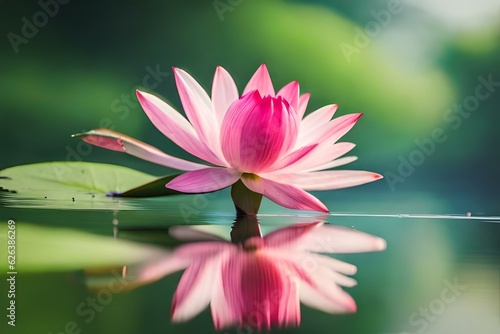 Beautiful pink lotus flower with a green leaf in the pond. A pink lotus water lily blooming on the water  magical spring summer dreamy background