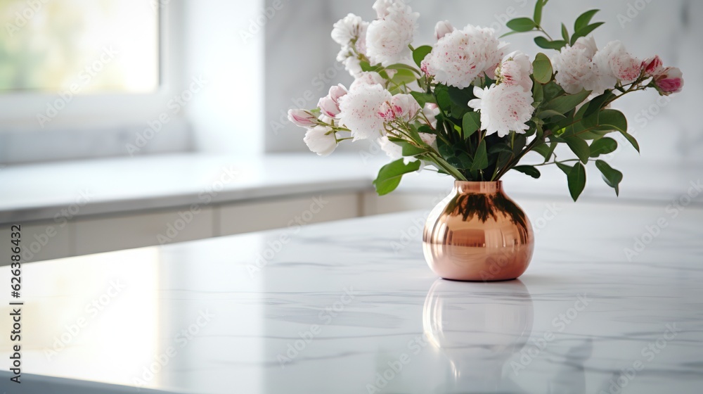  a copper vase with pink flowers on a marble countertop.  generative ai