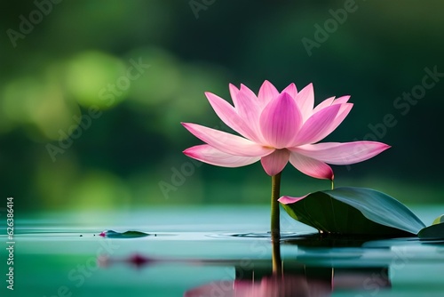 Beautiful pink lotus flower with a green leaf in the pond. A pink lotus water lily blooming on the water, magical spring,summer dreamy background © Donald