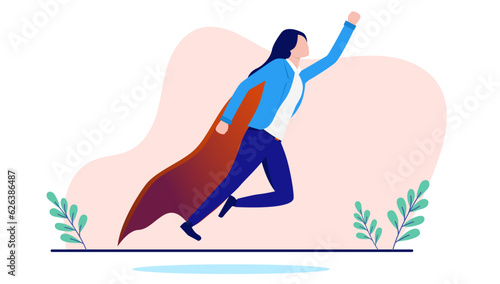 Superhero woman - Casual businesswoman with cape flying upwards towards success. Flat design vector illustration with white background