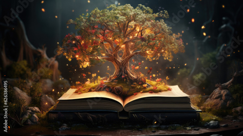 A tree of knowledge sprouting from a magical book, generative AI