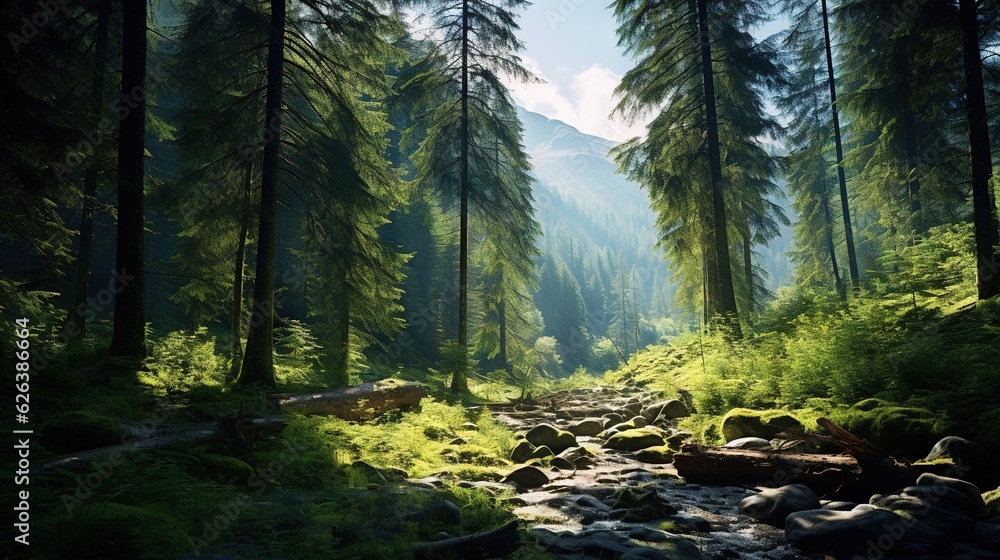 Fototapeta premium a stream running through a lush green forest filled with trees. generative ai