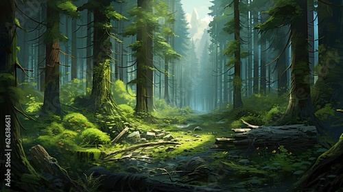  a painting of a forest scene with trees and a path.  generative ai