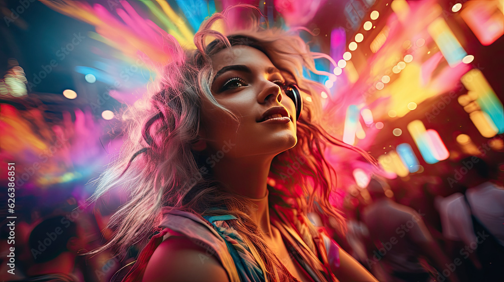 beautiful young girl dancing in nightclub with multi-colored illumination, Generative AI