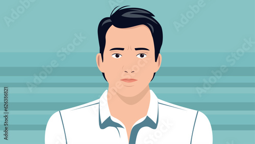 Male person face and upper body portrait - Vector illustration of man with regular face expression and white shirt. Flat design