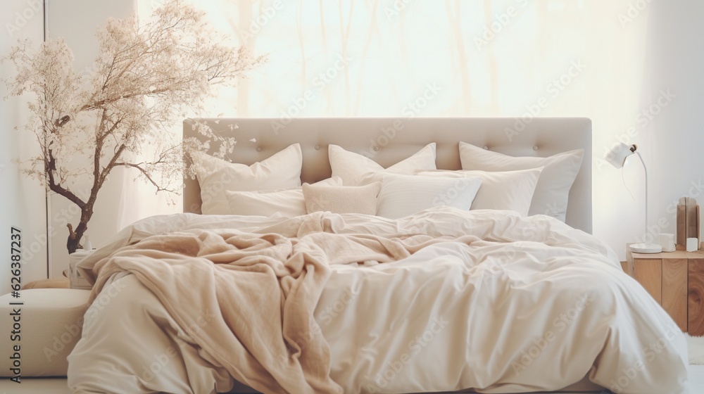 a bed with a white comforter and pillows on it. generative ai a bed with a white comforter and pillows on it. generative ai